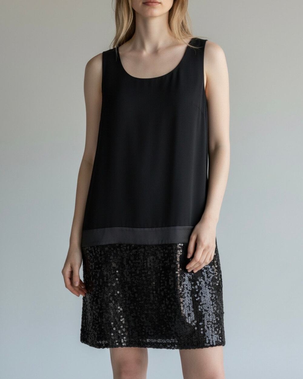 Loft Drop Waist Dress 6 Black Sequins Satin Mixed Media Flapper Party Retro LBD